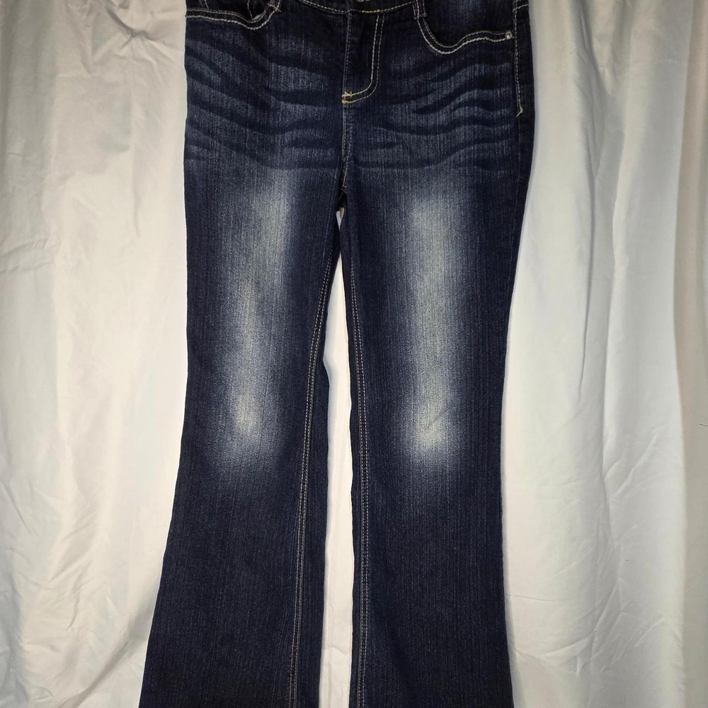 LEI Gabby Low Rise Flare‎ Jeans Dark Wash Rhinestone Pocket Y2K Denim Size 16